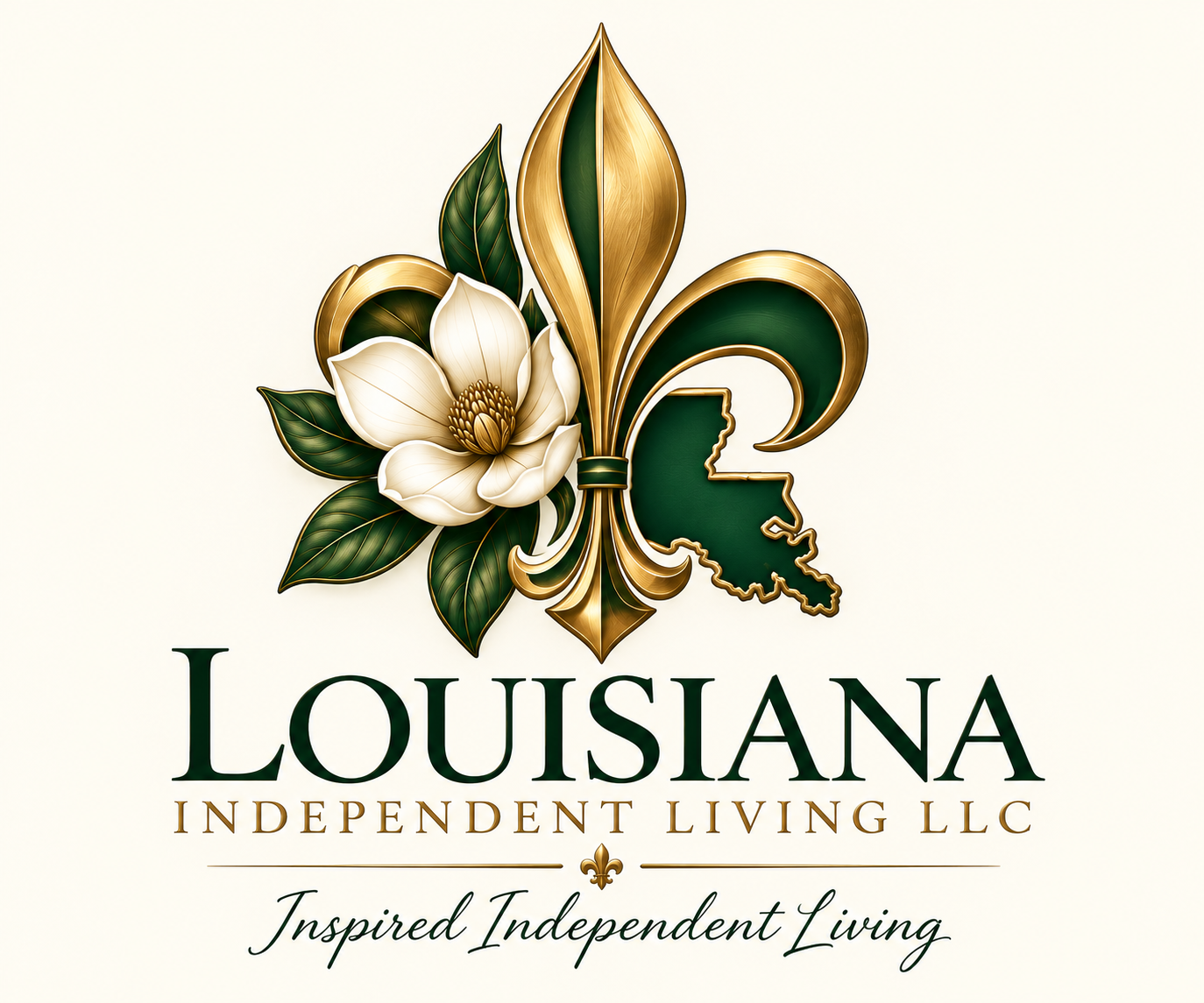 Louisiana Independent Living LLC — Inspired Independent Living, Concept 2 logo with fleur-de-lis, magnolia and Louisiana silhouette
